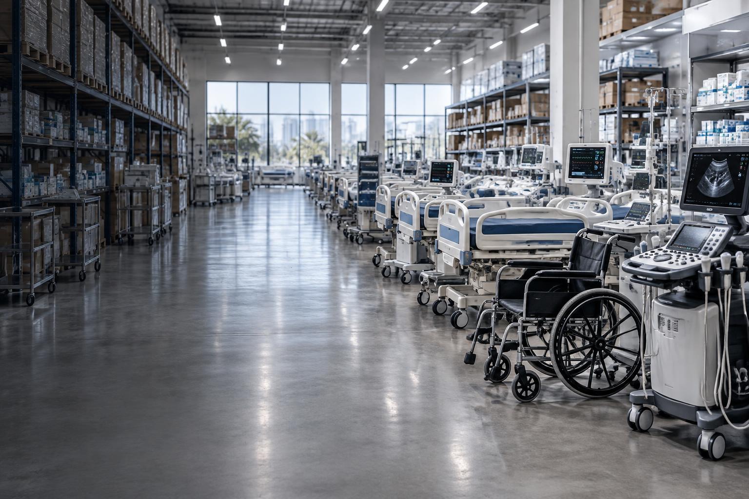 Entrepôt moderne d’équipements médicaux, lits hospitaliers, moniteurs et fauteuils roulants